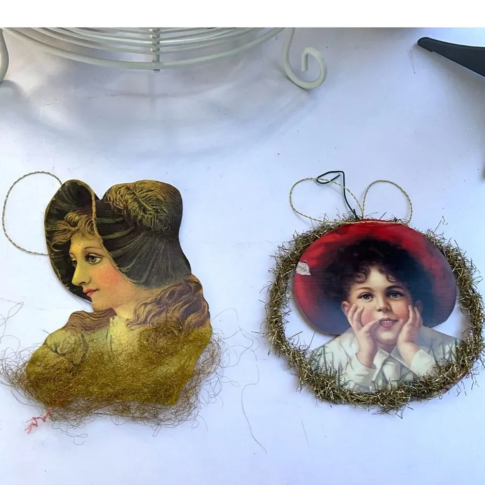 Vintage Victorian Style Die Cut Christmas Ornaments Scrap Tinsel Lady Child Pair